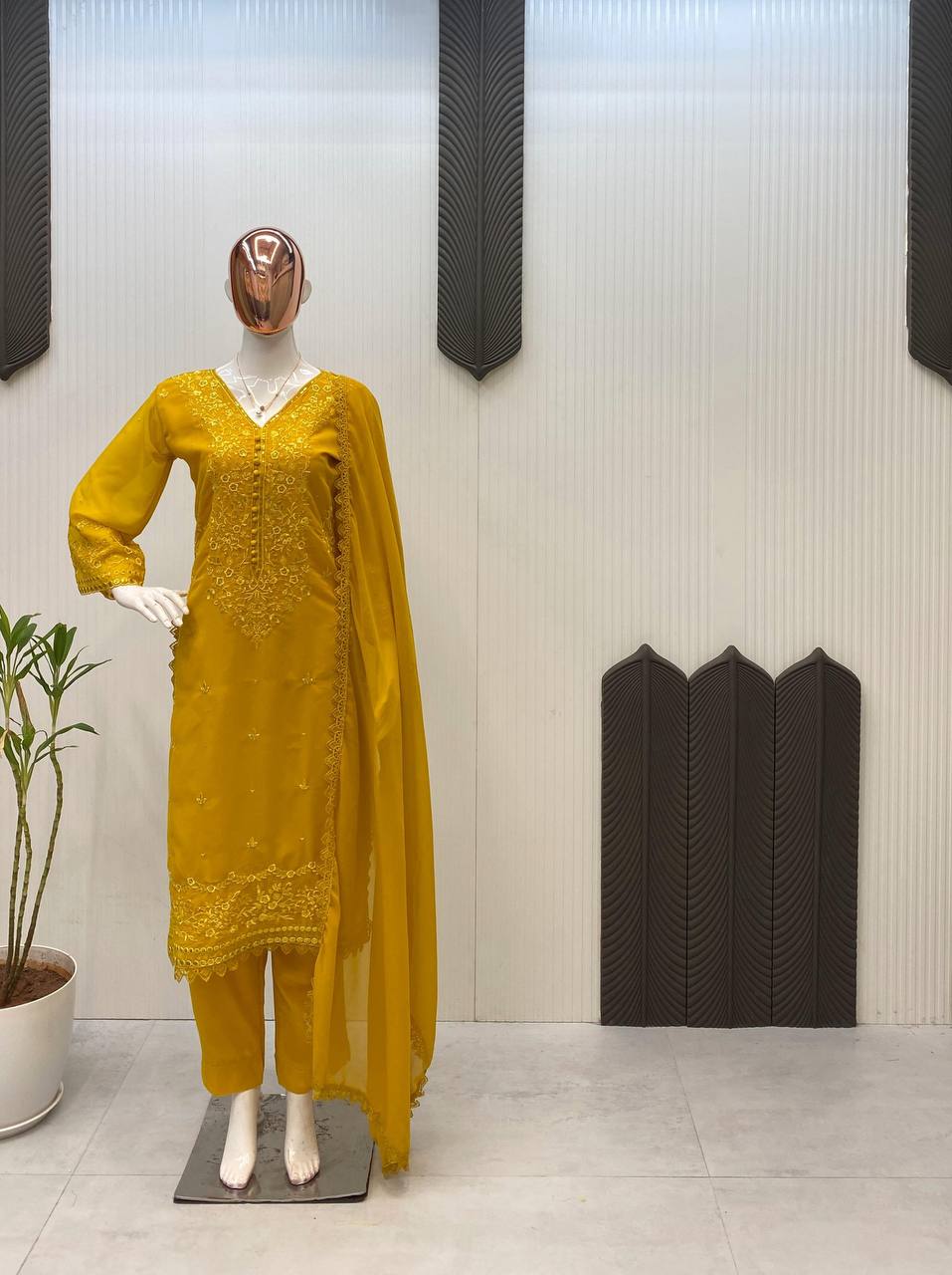 Premium Georgette Sequence Embroidered Kurti Pant Set with Dupatta