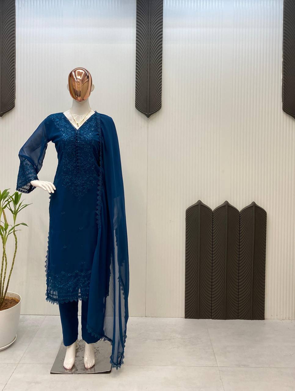 Premium Georgette Sequence Embroidered Kurti Pant Set with Dupatta