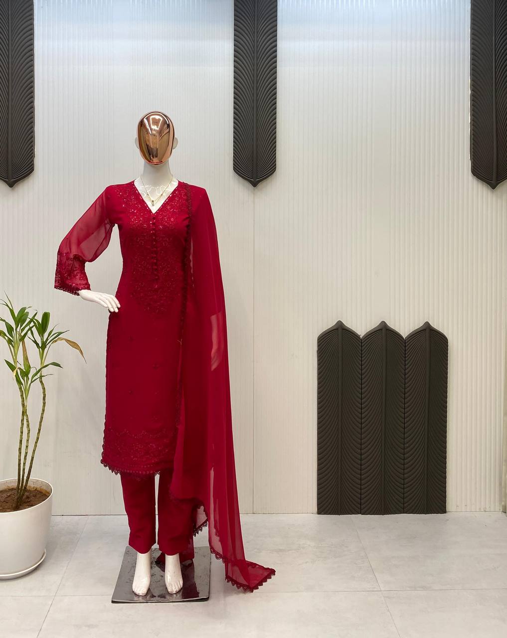 Premium Georgette Sequence Embroidered Kurti Pant Set with Dupatta