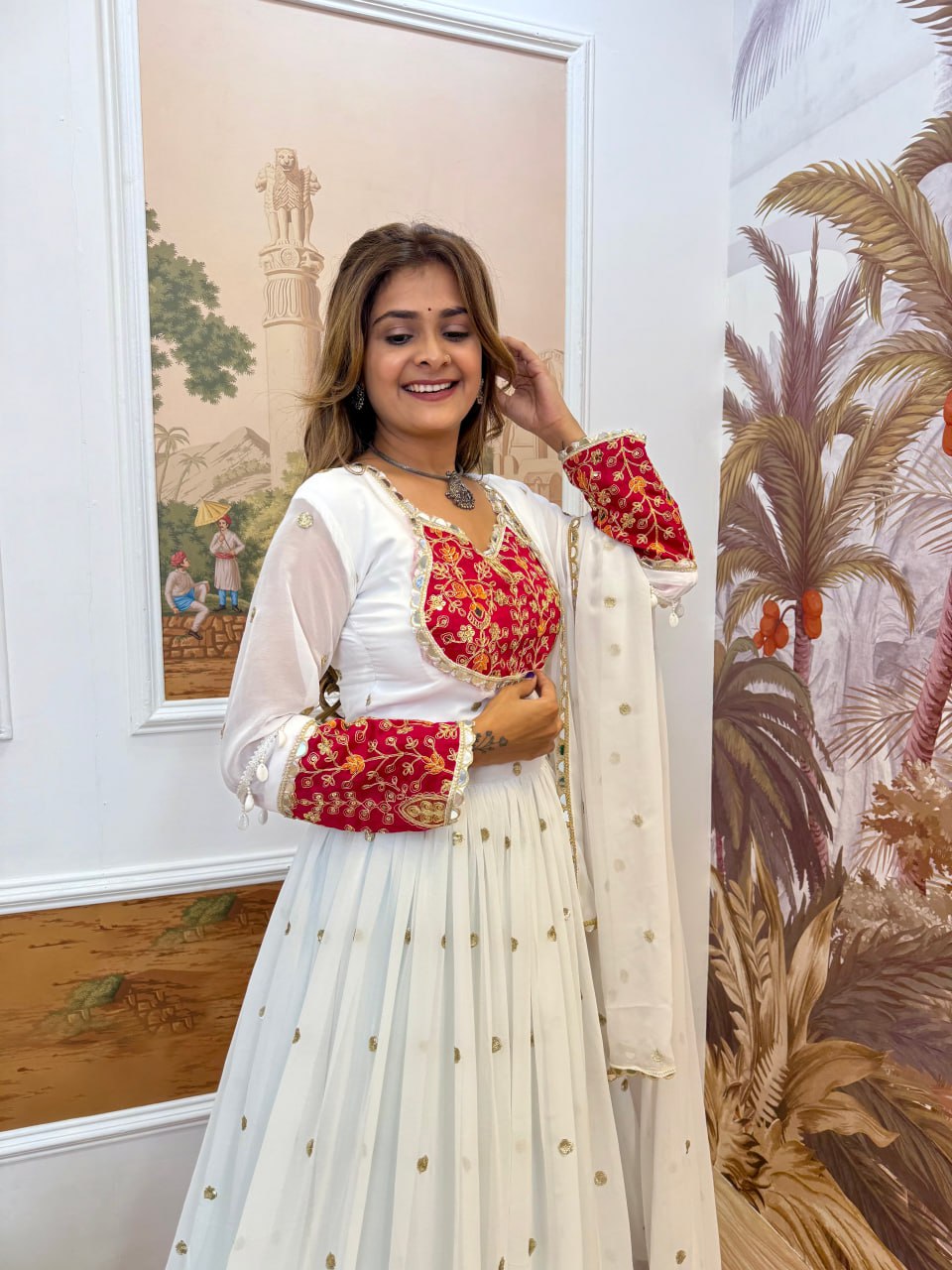 Premium Georgette Embroidery & Real Mirror Work Lehenga Choli with Dupatta – Fully Stitched