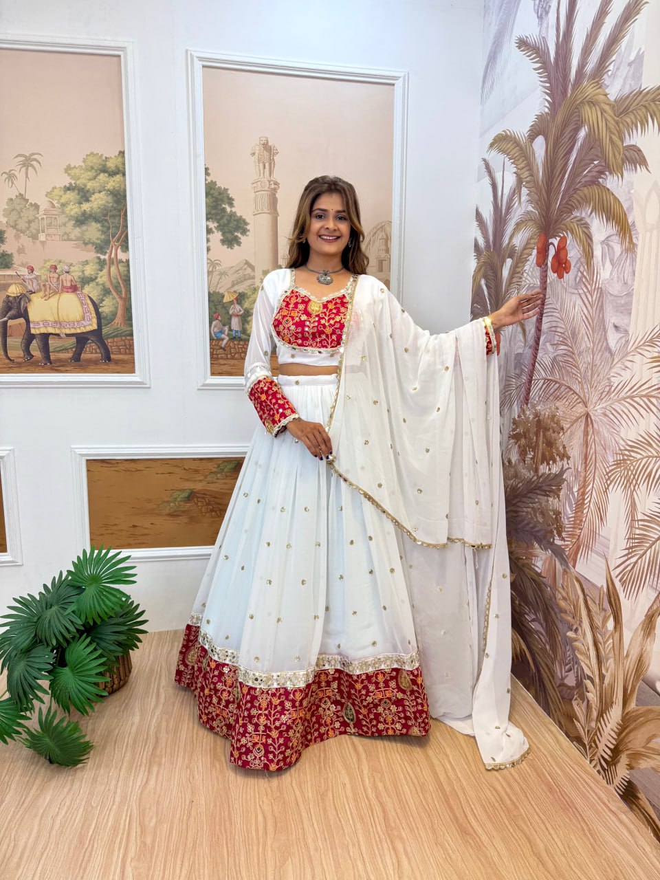 Premium Georgette Embroidery & Real Mirror Work Lehenga Choli with Dupatta – Fully Stitched