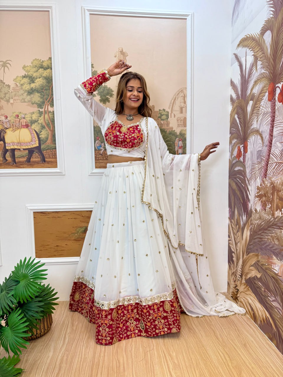 Premium Georgette Embroidery & Real Mirror Work Lehenga Choli with Dupatta – Fully Stitched