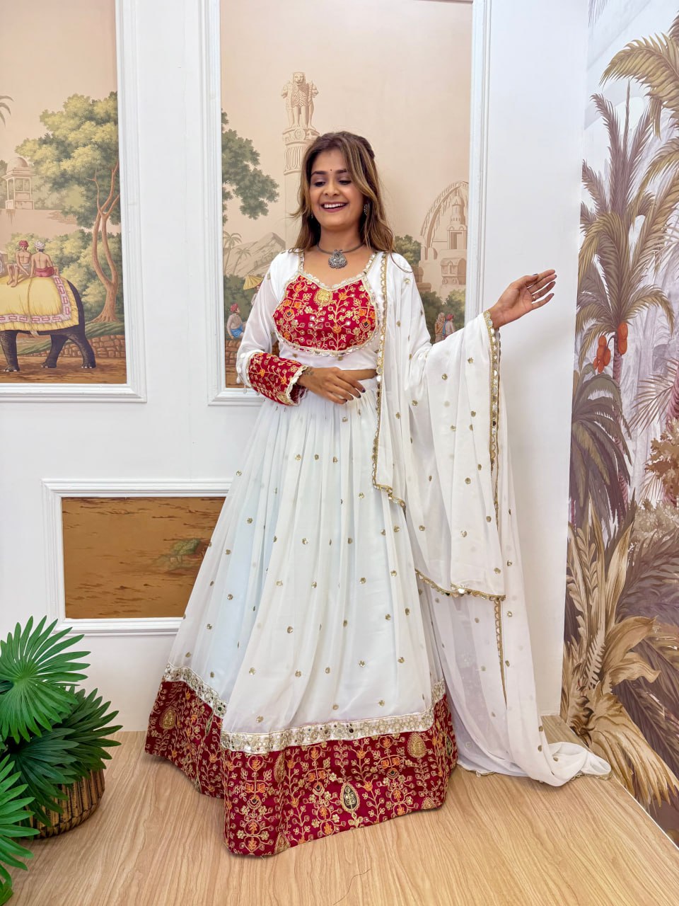 Premium Georgette Embroidery & Real Mirror Work Lehenga Choli with Dupatta – Fully Stitched