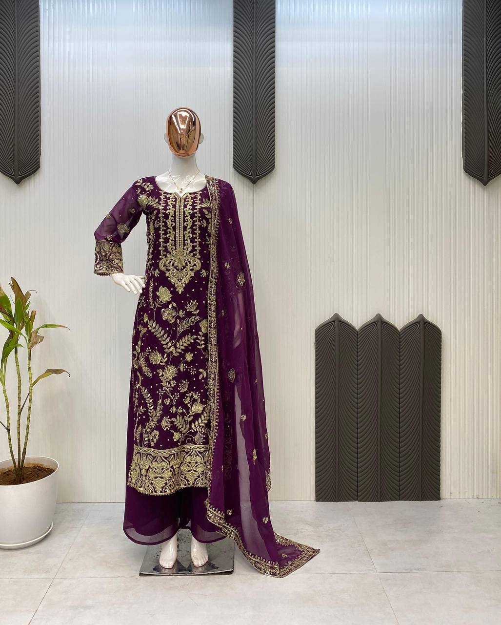 Luxury Georgette Sequence Embroidered Kurti with Plazzo & Dupatta Set