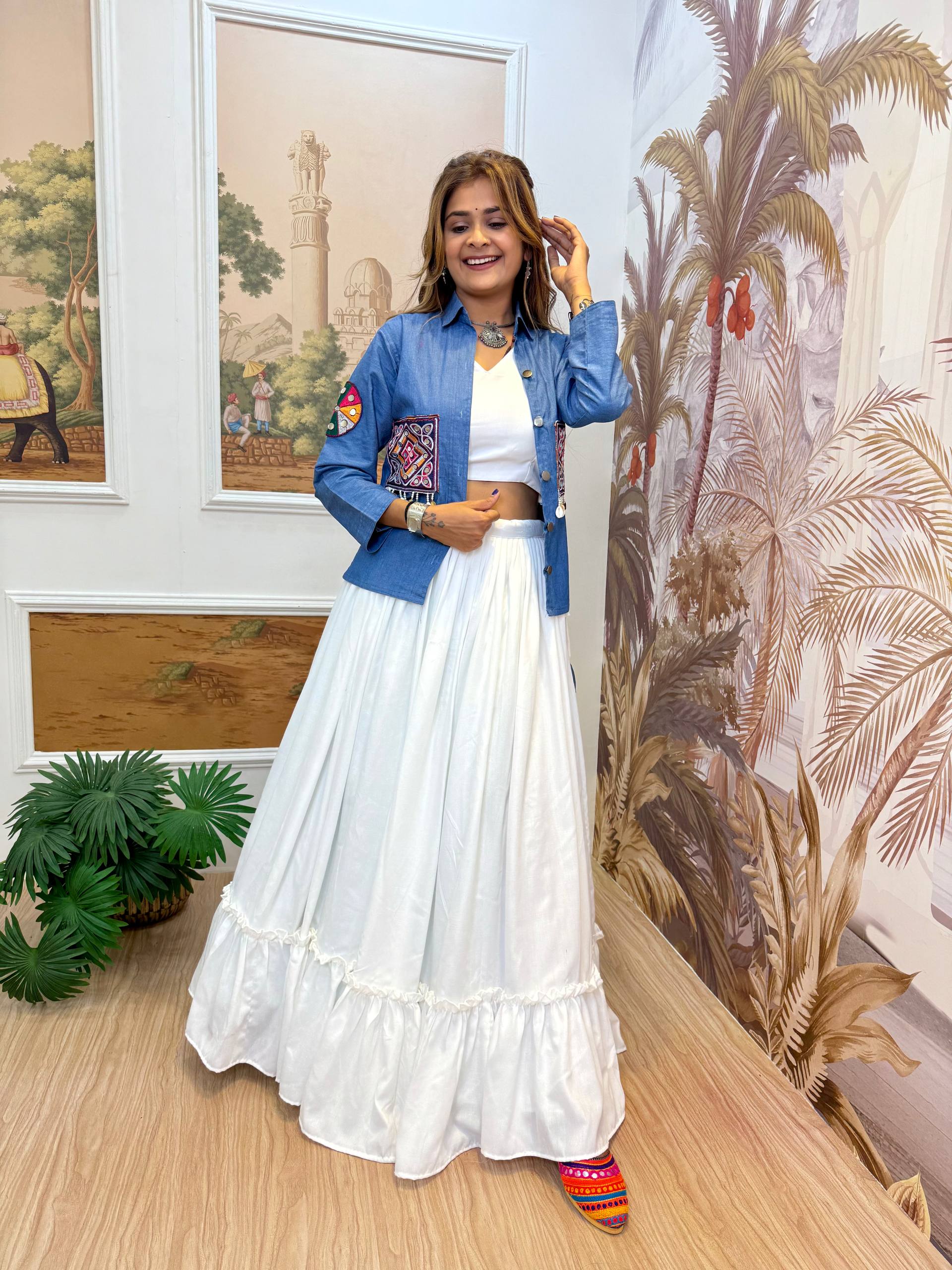 Chinon Blouse, Full Flair Lehenga & Printed Georgette Shrug