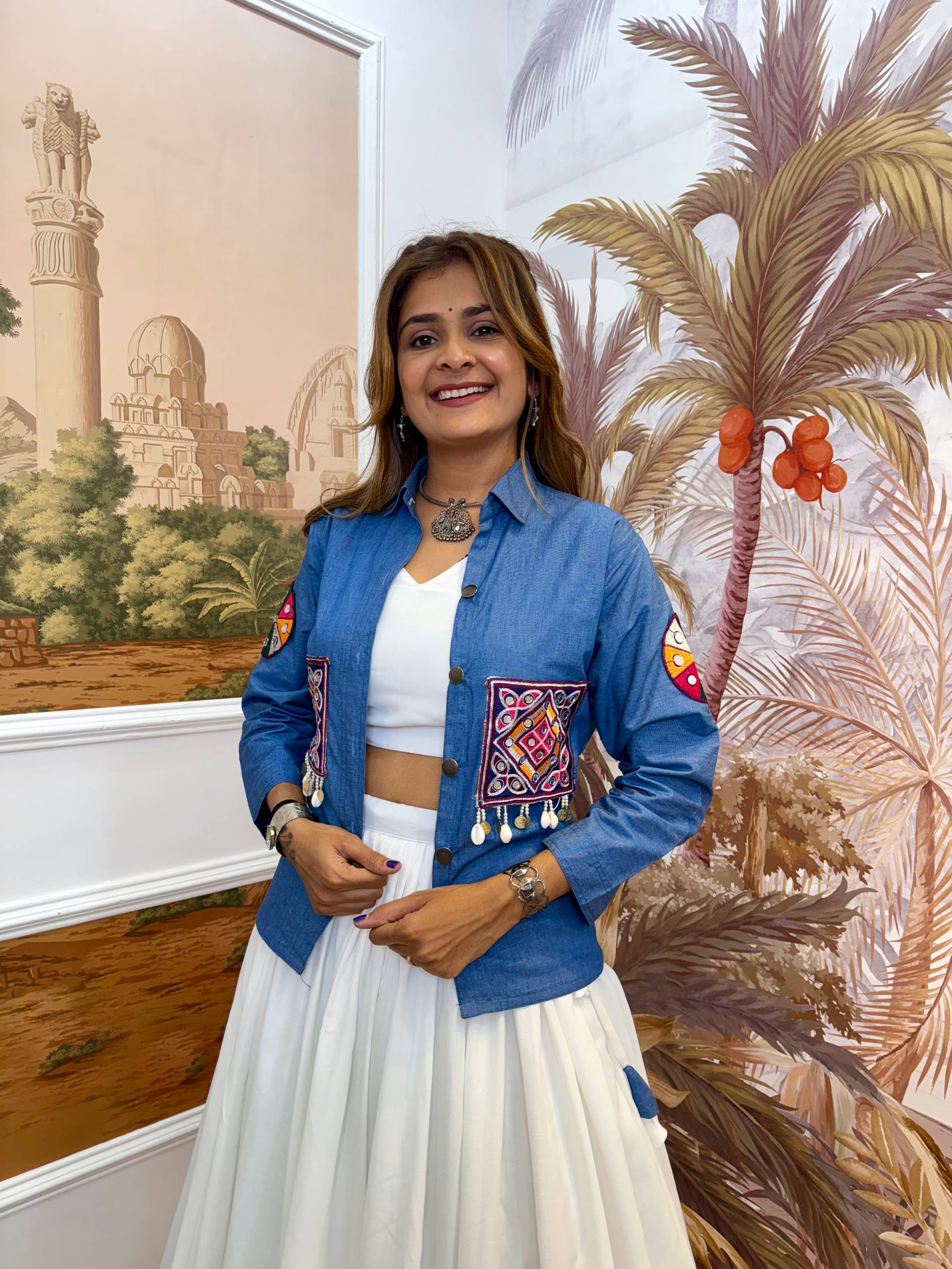 Chinon Blouse, Full Flair Lehenga & Printed Georgette Shrug