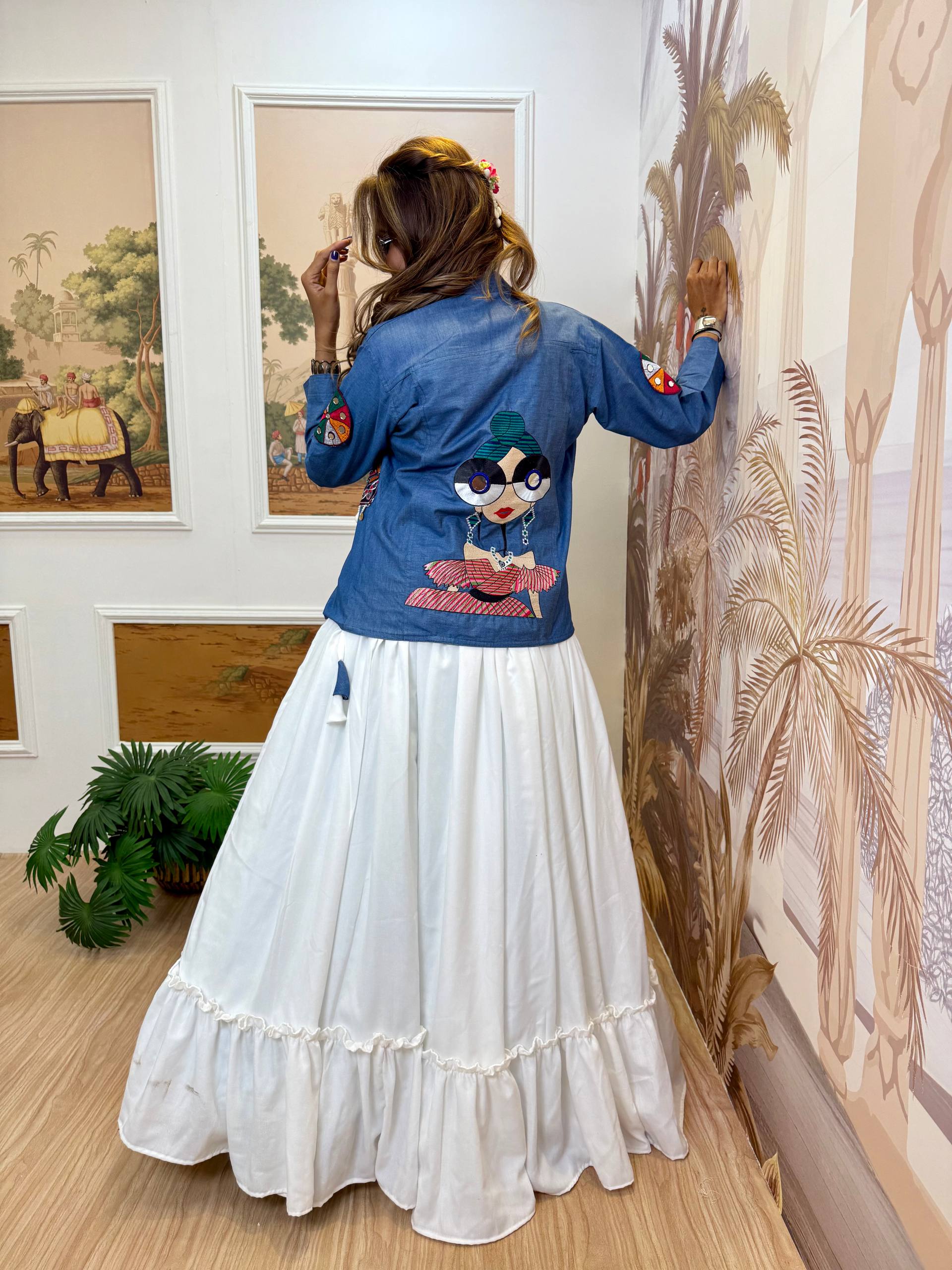 Chinon Blouse, Full Flair Lehenga & Printed Georgette Shrug