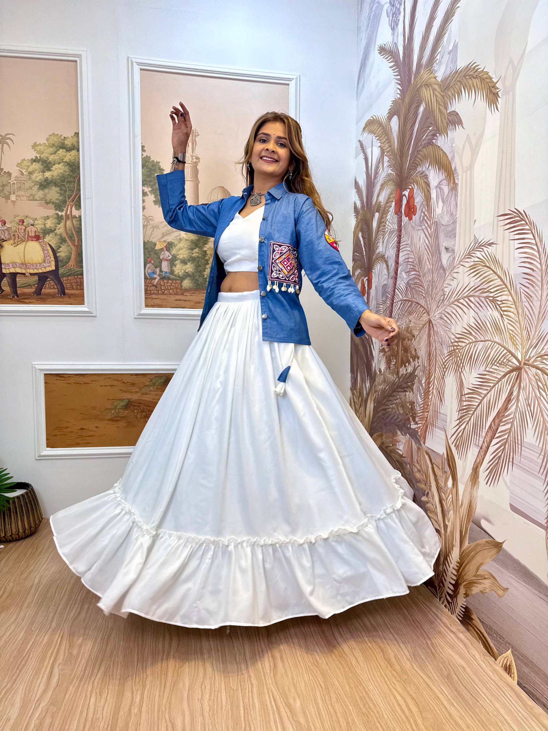 Chinon Blouse, Full Flair Lehenga & Printed Georgette Shrug