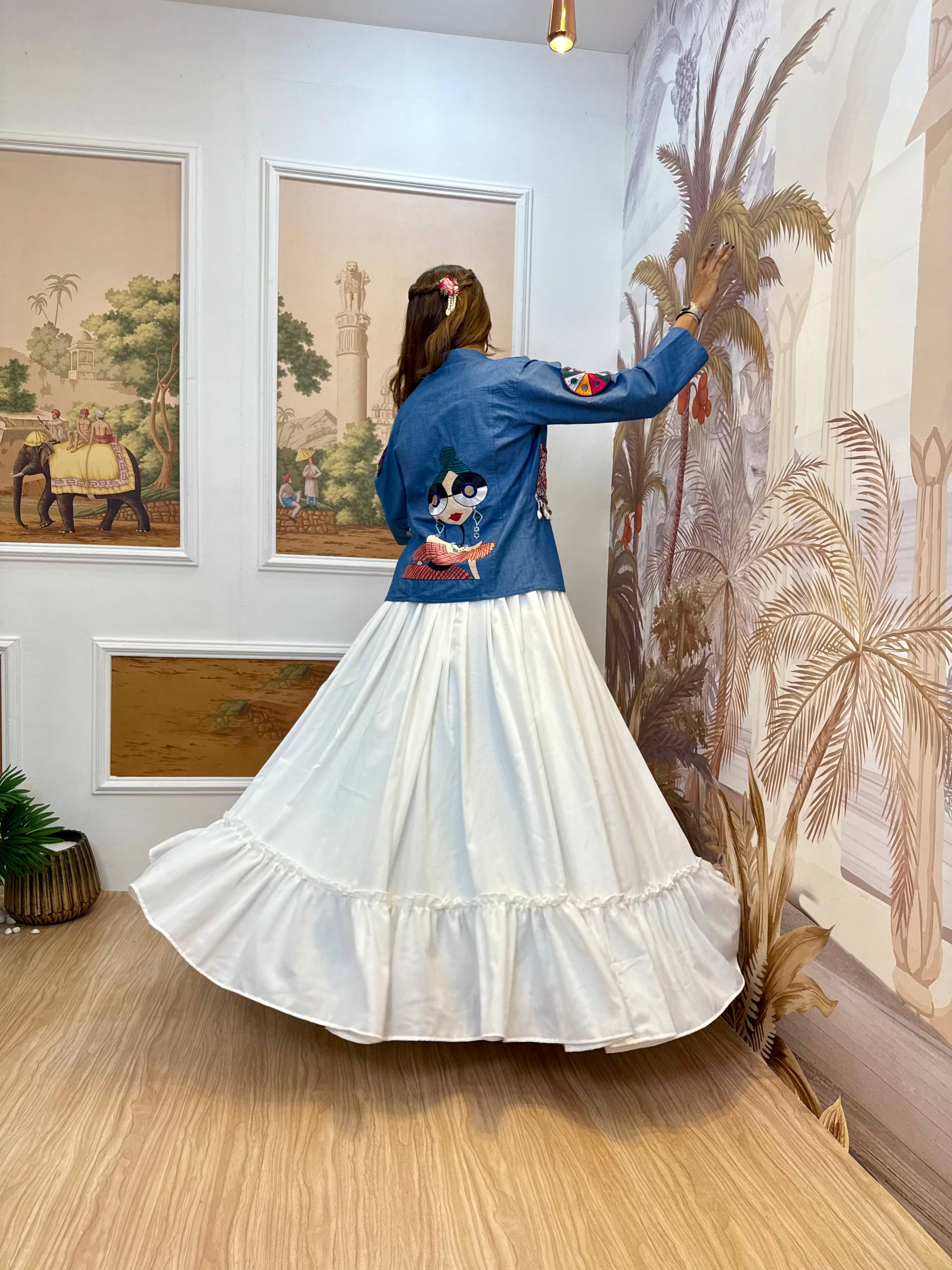 Chinon Blouse, Full Flair Lehenga & Printed Georgette Shrug