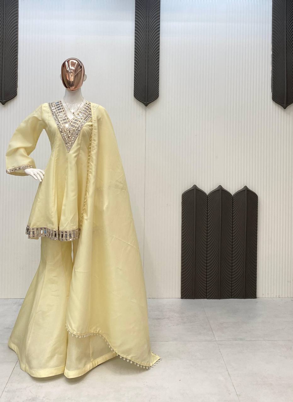 Cosmos Fabric Kurti Plazzo Set with Real Mirror & Embroidery Work