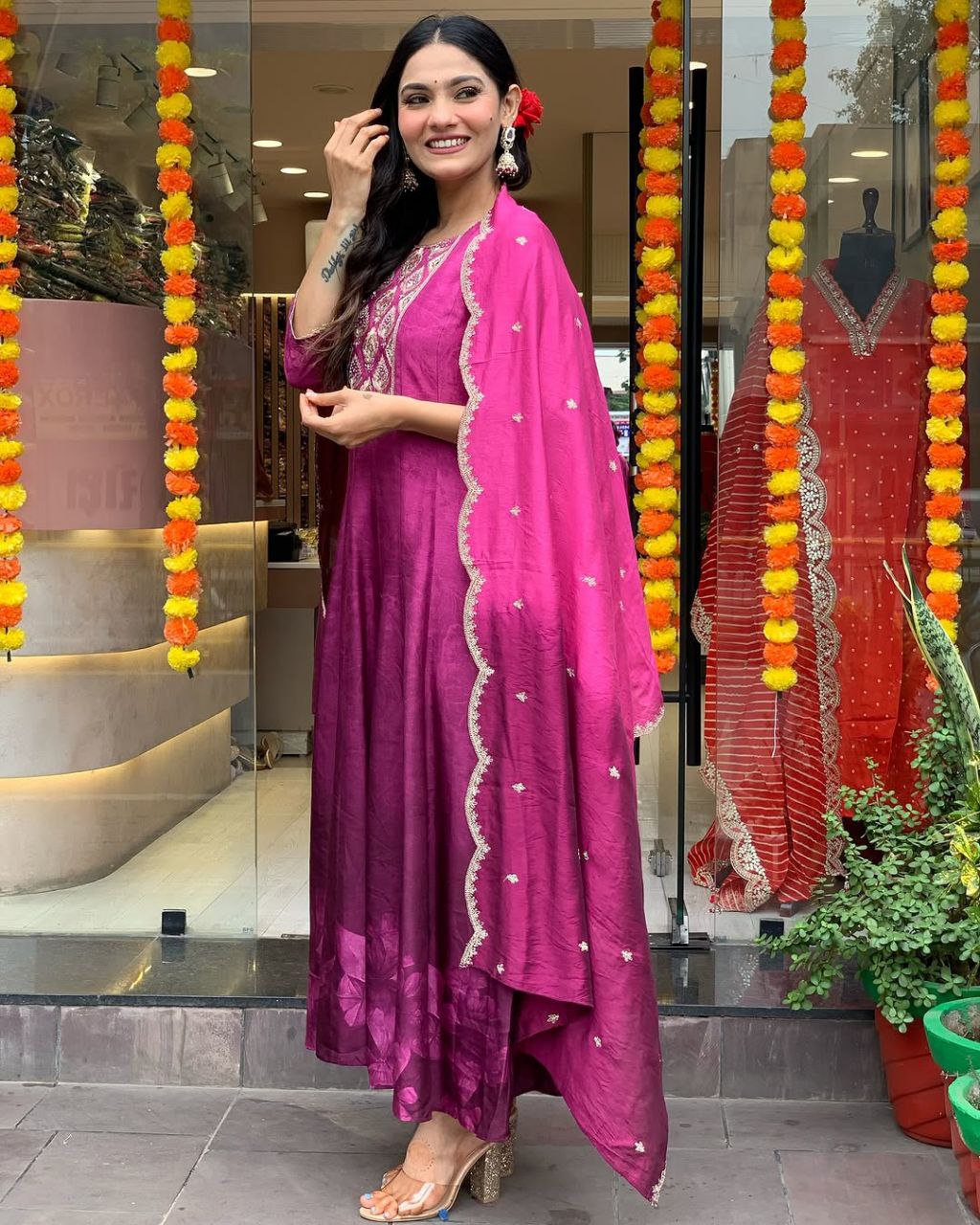 Luxurious Diamond Silk Anarkali Kurta Pant Dupatta Set