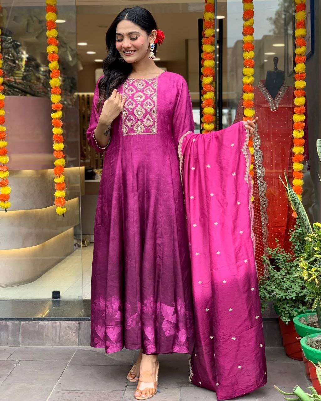 Luxurious Diamond Silk Anarkali Kurta Pant Dupatta Set