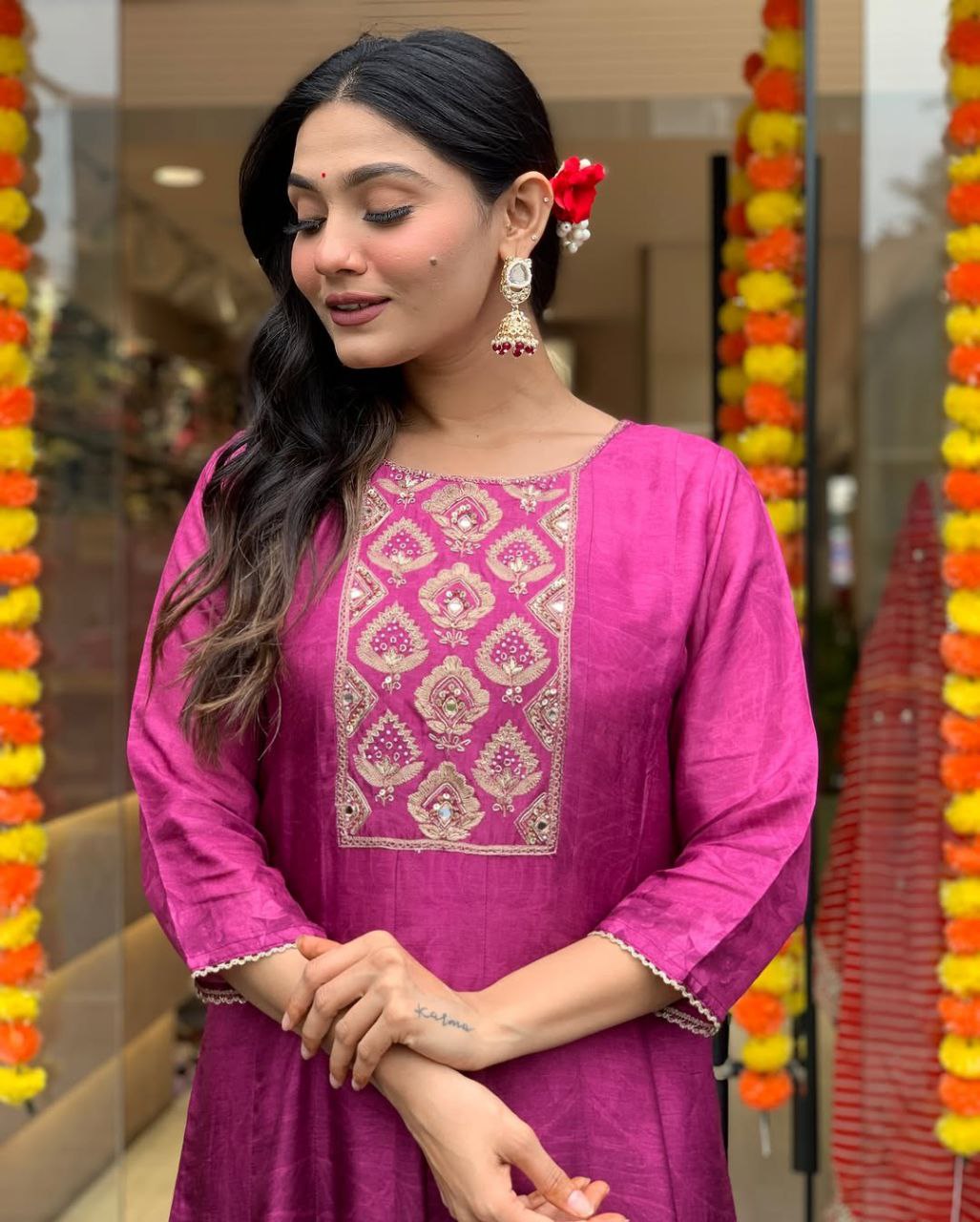 Luxurious Diamond Silk Anarkali Kurta Pant Dupatta Set