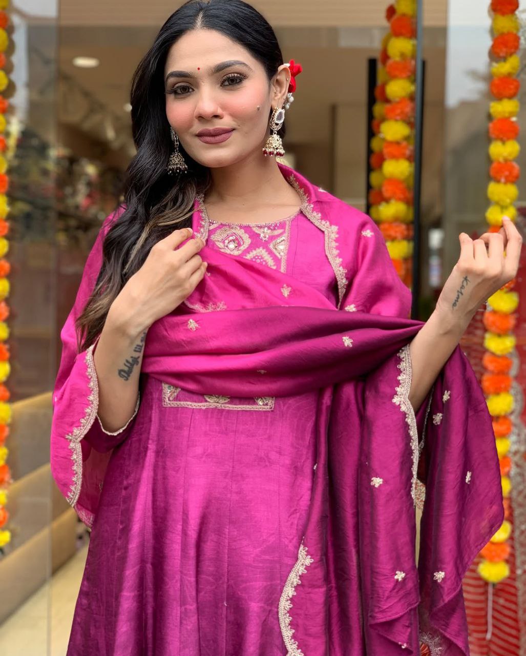 Luxurious Diamond Silk Anarkali Kurta Pant Dupatta Set