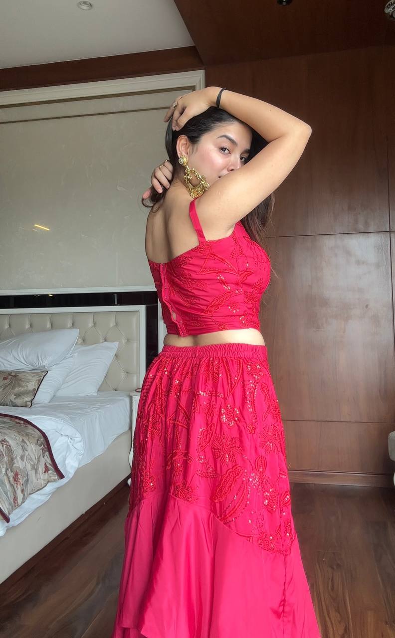 Premium Ruffled Layered French Crape Lehenga Set with Cape Dupatta