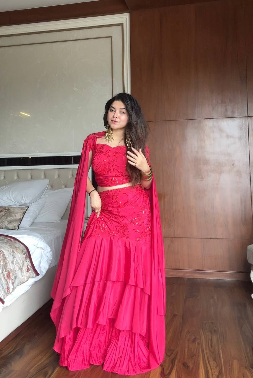 Premium Ruffled Layered French Crape Lehenga Set with Cape Dupatta