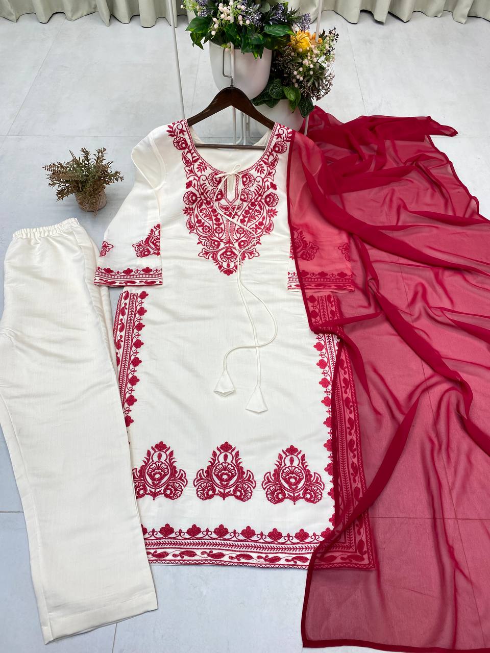 Premium Roman Silk Embroidered Suit Set with Pant & Georgette Dupatta (Designer Collection)