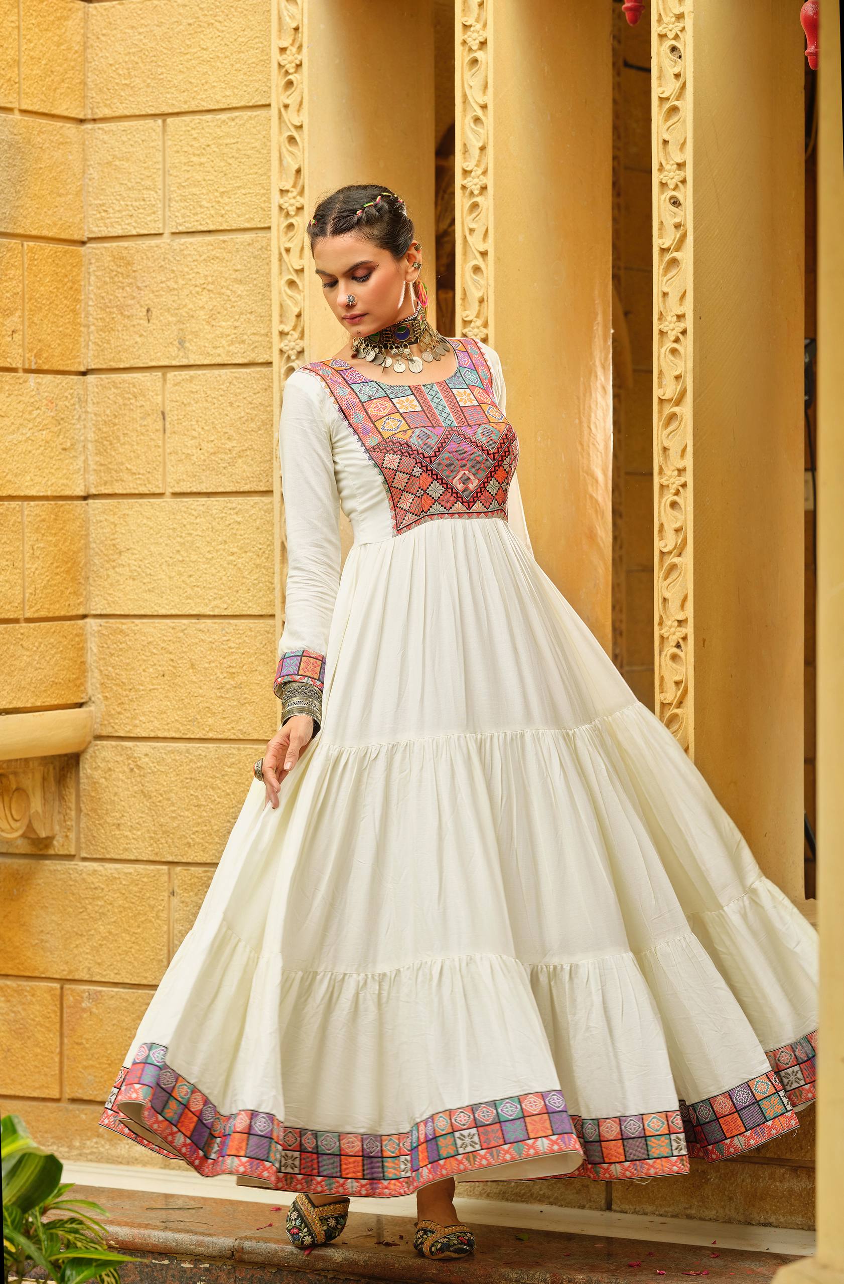 Premium  Rayon Gamthi Jacquard Weaving Gown with 7 Meter Ruffle Flair