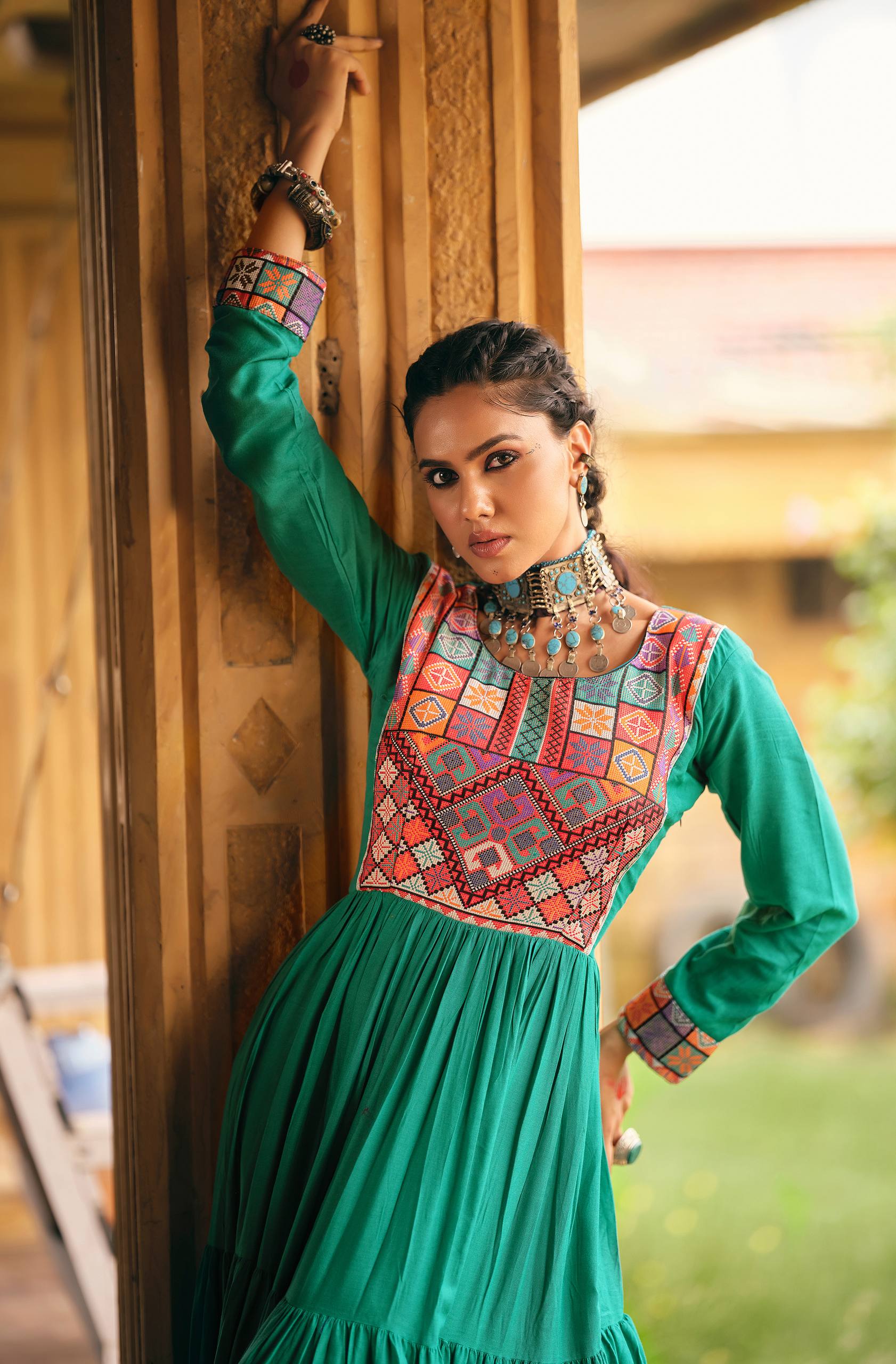 Premium  Rayon Gamthi Jacquard Weaving Gown with 7 Meter Ruffle Flair