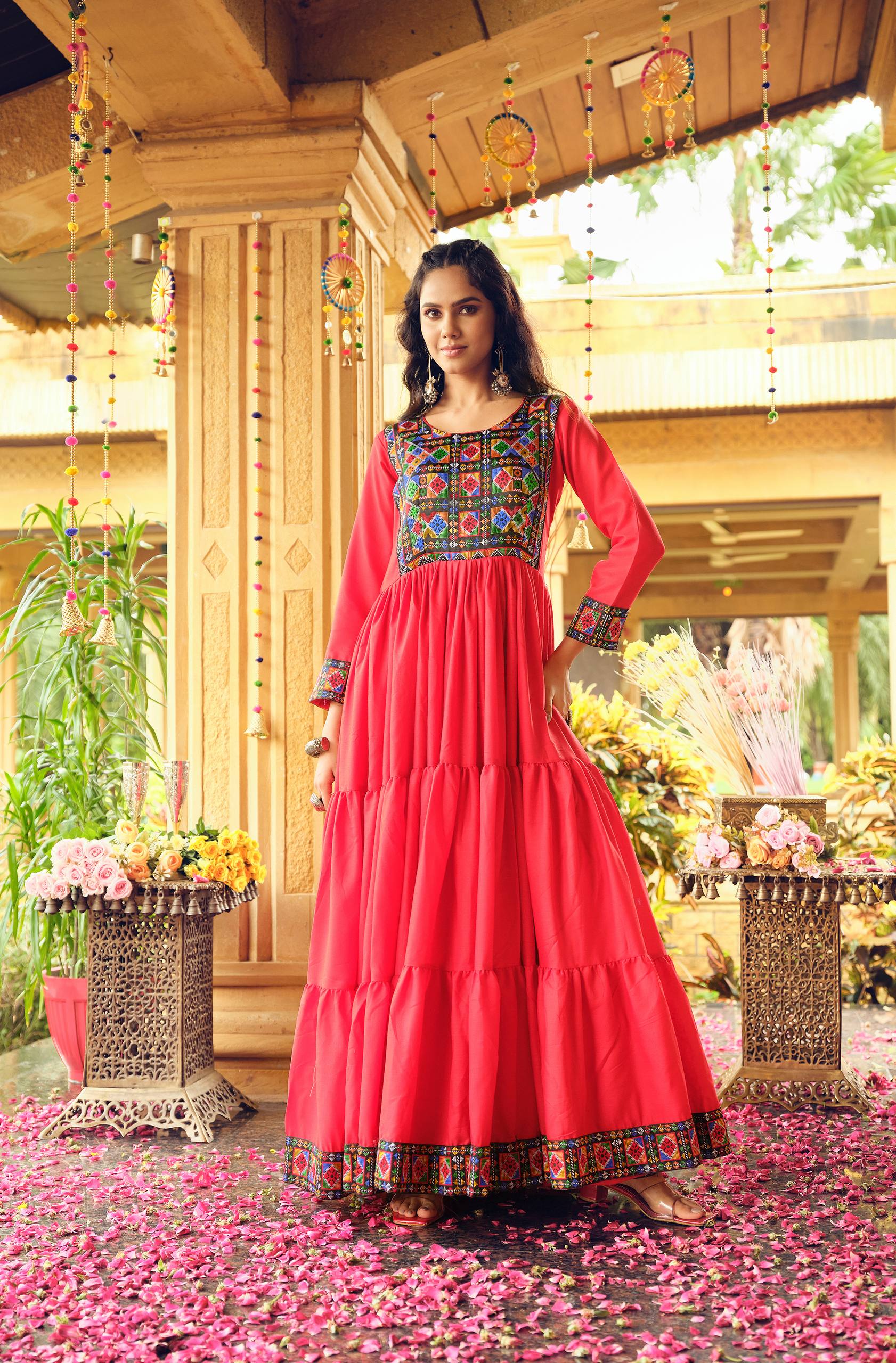 Premium Pure Cotton Gamthi Jacquard Weaving Gown with Three-Layer Ruffle Flair – 7 Meter Flair