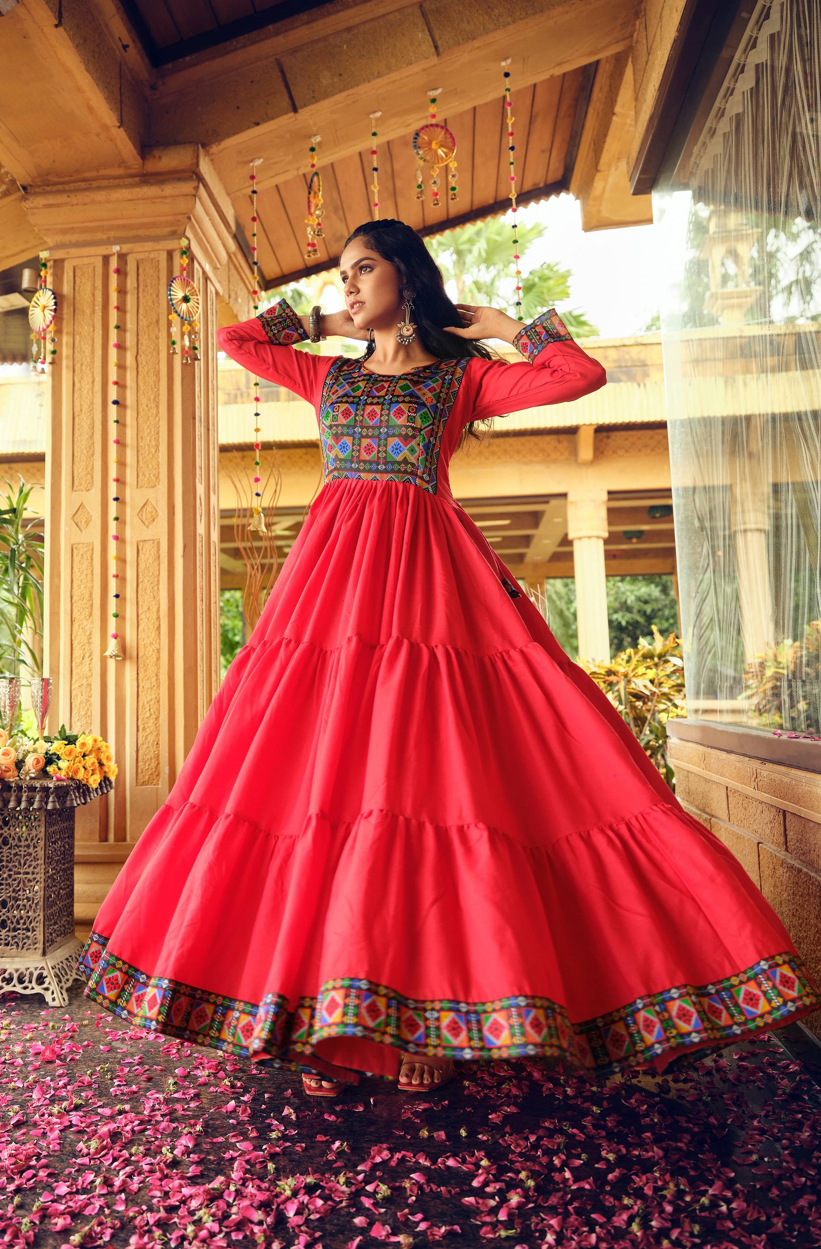 Premium Pure Cotton Gamthi Jacquard Weaving Gown with Three-Layer Ruffle Flair – 7 Meter Flair