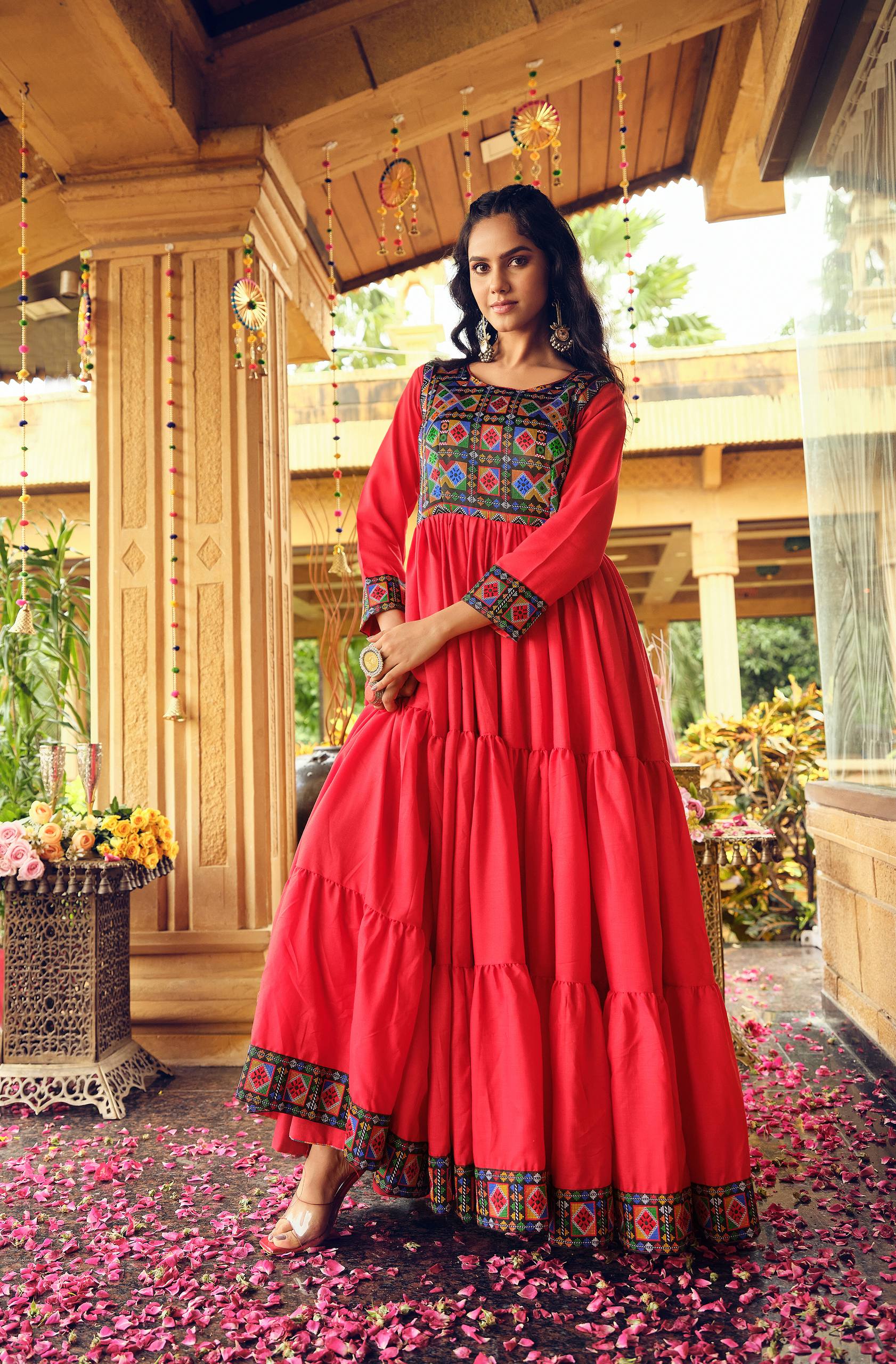 Premium Pure Cotton Gamthi Jacquard Weaving Gown with Three-Layer Ruffle Flair – 7 Meter Flair