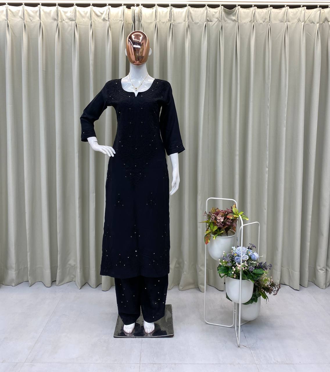 Premium Reyon Sequence Embroidered Kurti with Plazzo Set (Designer Collection)