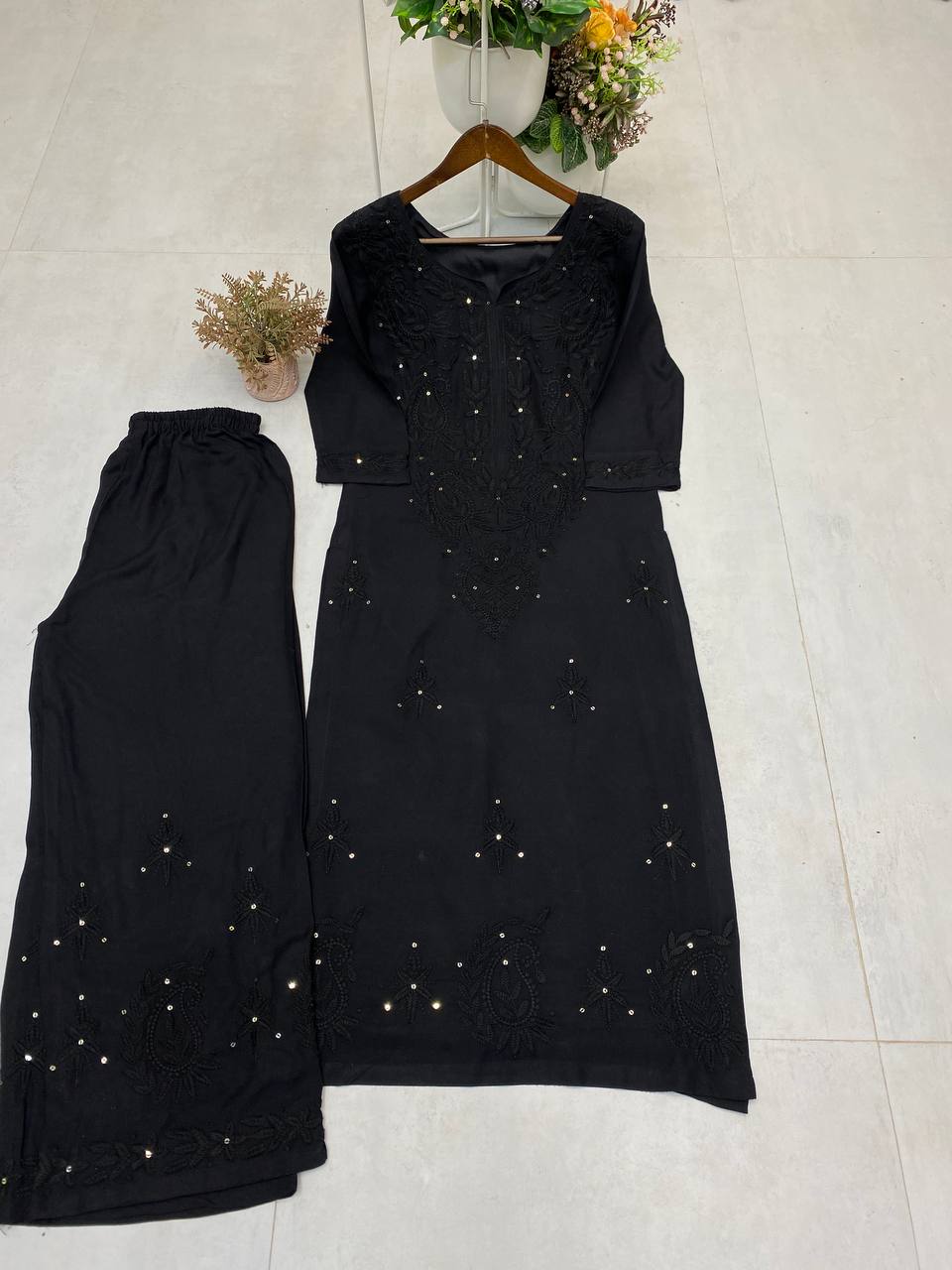 Premium Reyon Sequence Embroidered Kurti with Plazzo Set (Designer Collection)