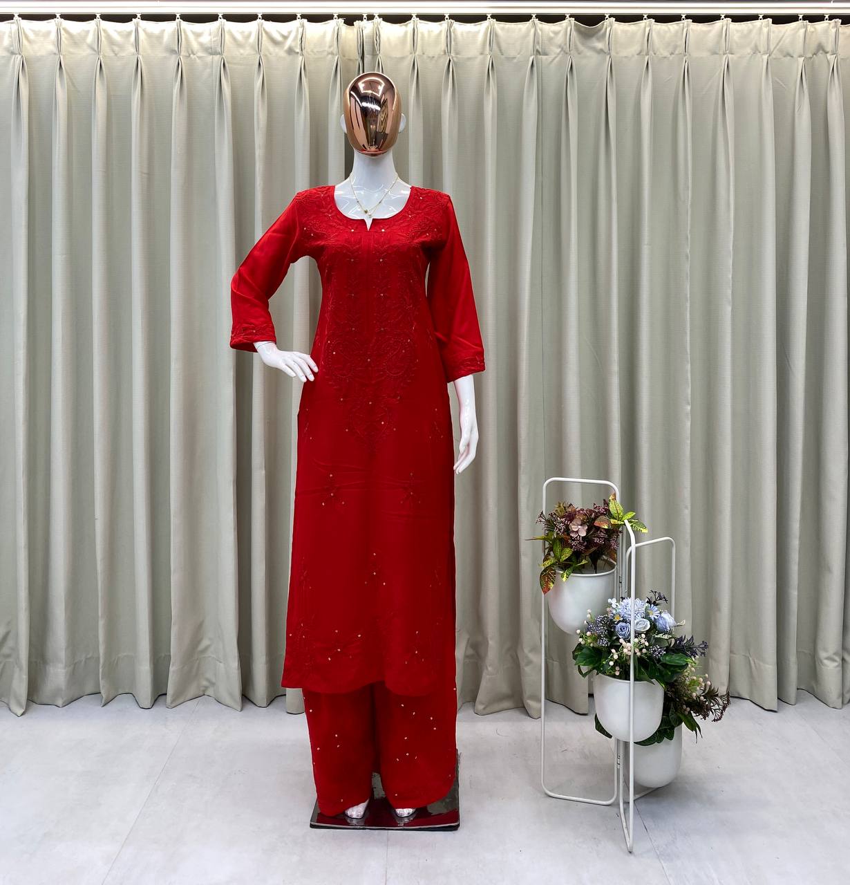 Premium Reyon Sequence Embroidered Kurti with Plazzo Set (Designer Collection)