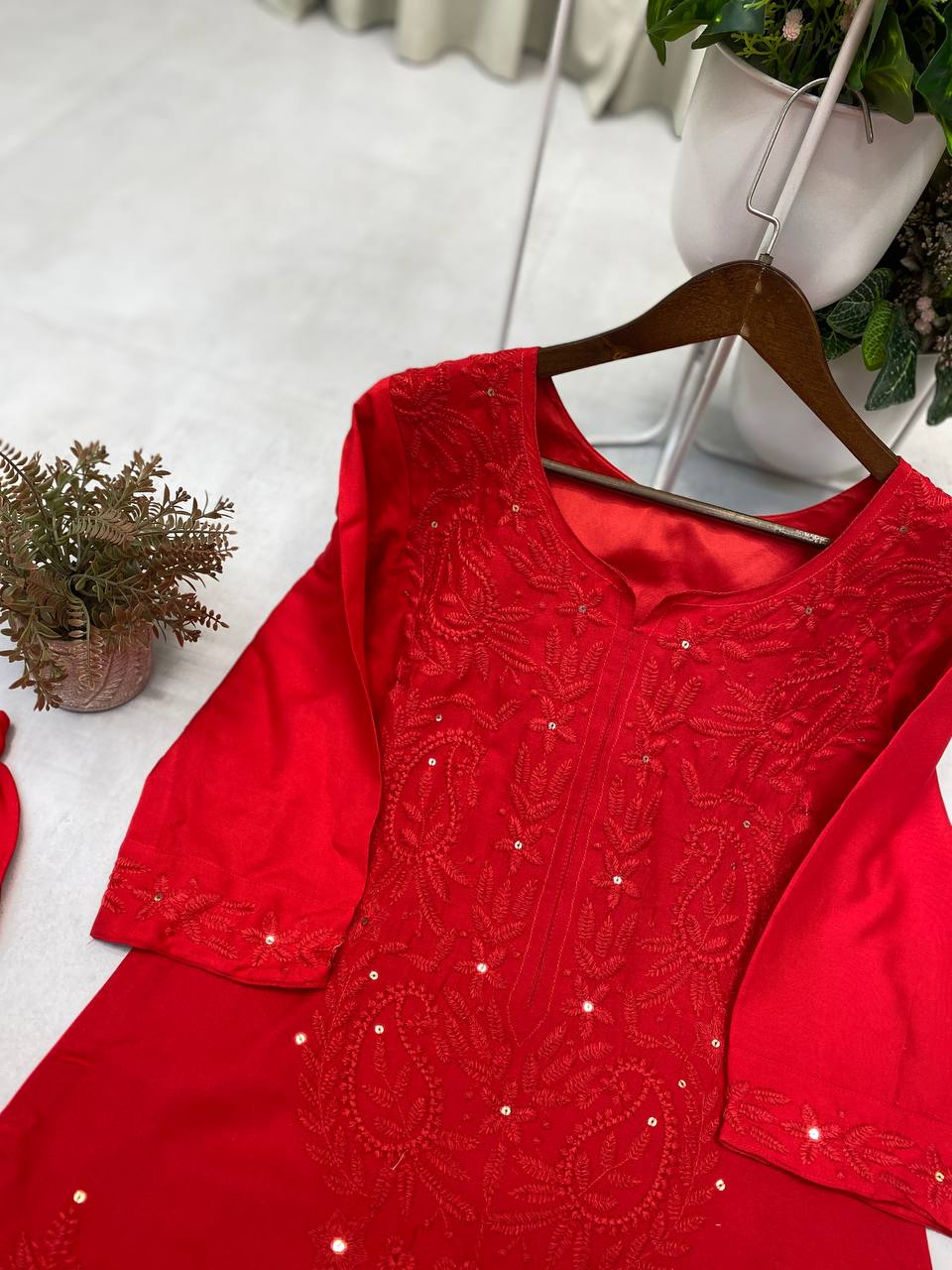 Premium Reyon Sequence Embroidered Kurti with Plazzo Set (Designer Collection)