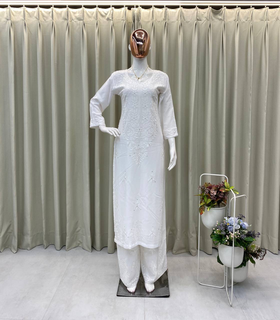 Premium Reyon Sequence Embroidered Kurti with Plazzo Set (Designer Collection)