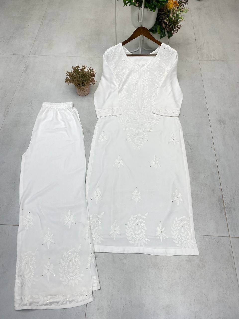 Premium Reyon Sequence Embroidered Kurti with Plazzo Set (Designer Collection)