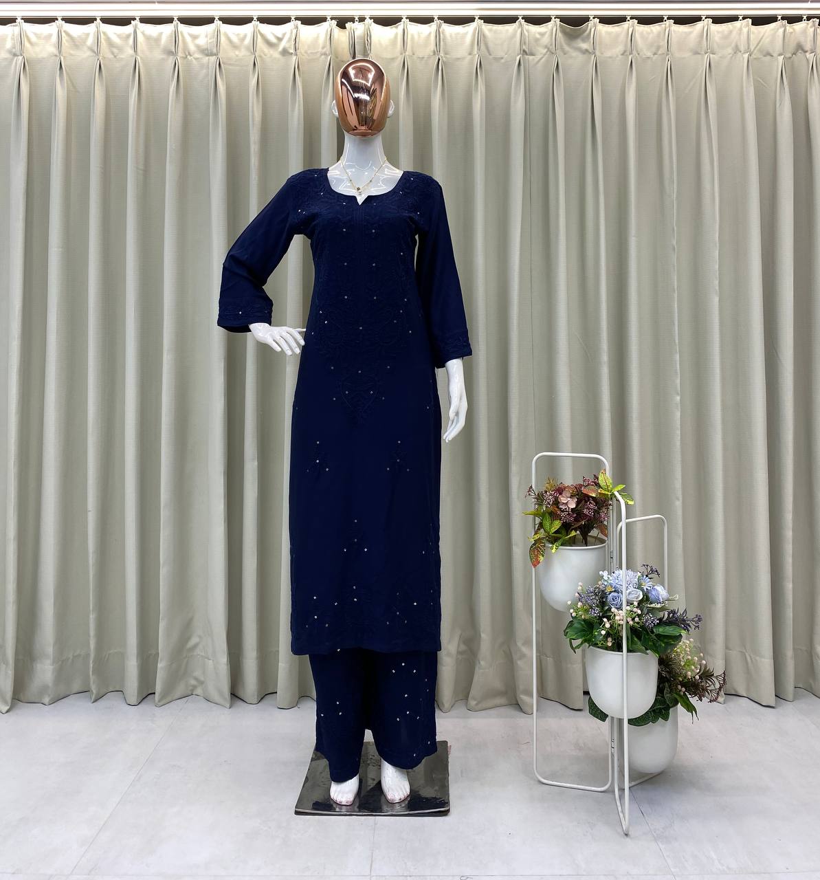 Premium Reyon Sequence Embroidered Kurti with Plazzo Set (Designer Collection)