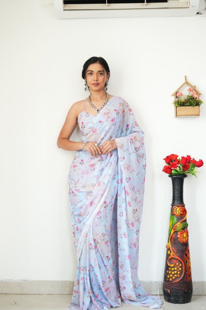Floral Digital Print Georgette Ready-to-Wear Saree with Satin Silk Blouse