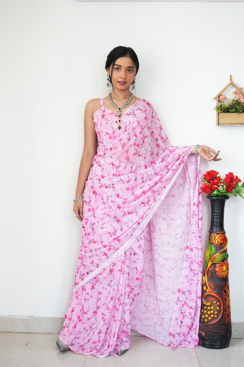 Floral Digital Print Georgette Ready-to-Wear Saree with Satin Silk Blouse