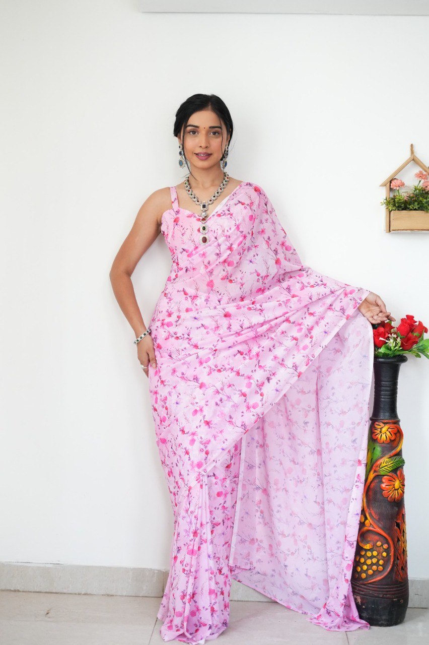 Floral Digital Print Georgette Ready-to-Wear Saree with Satin Silk Blouse