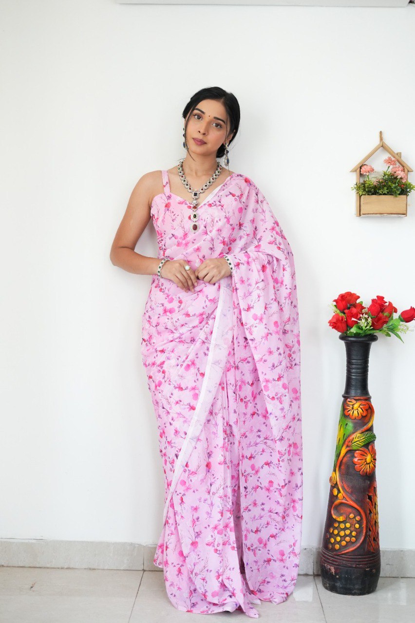 Floral Digital Print Georgette Ready-to-Wear Saree with Satin Silk Blouse