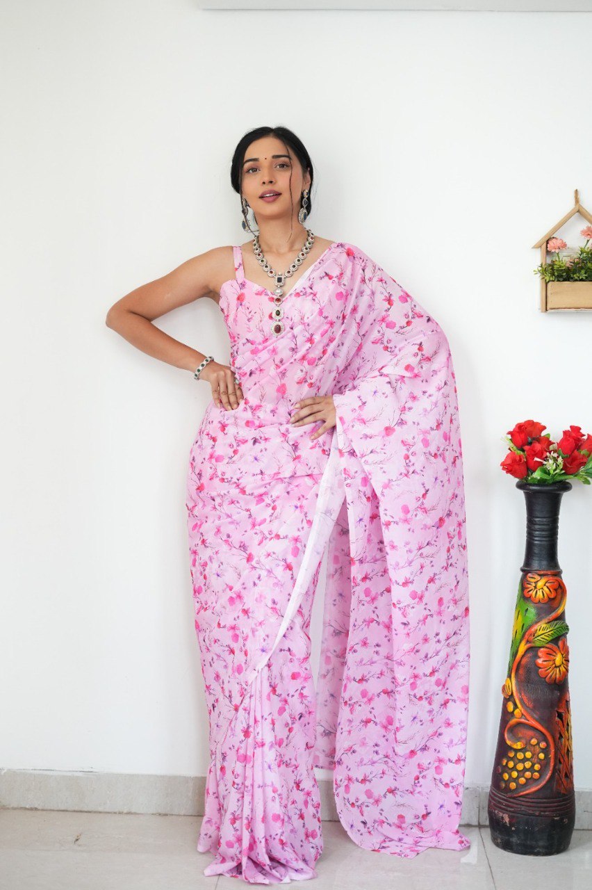 Floral Digital Print Georgette Ready-to-Wear Saree with Satin Silk Blouse