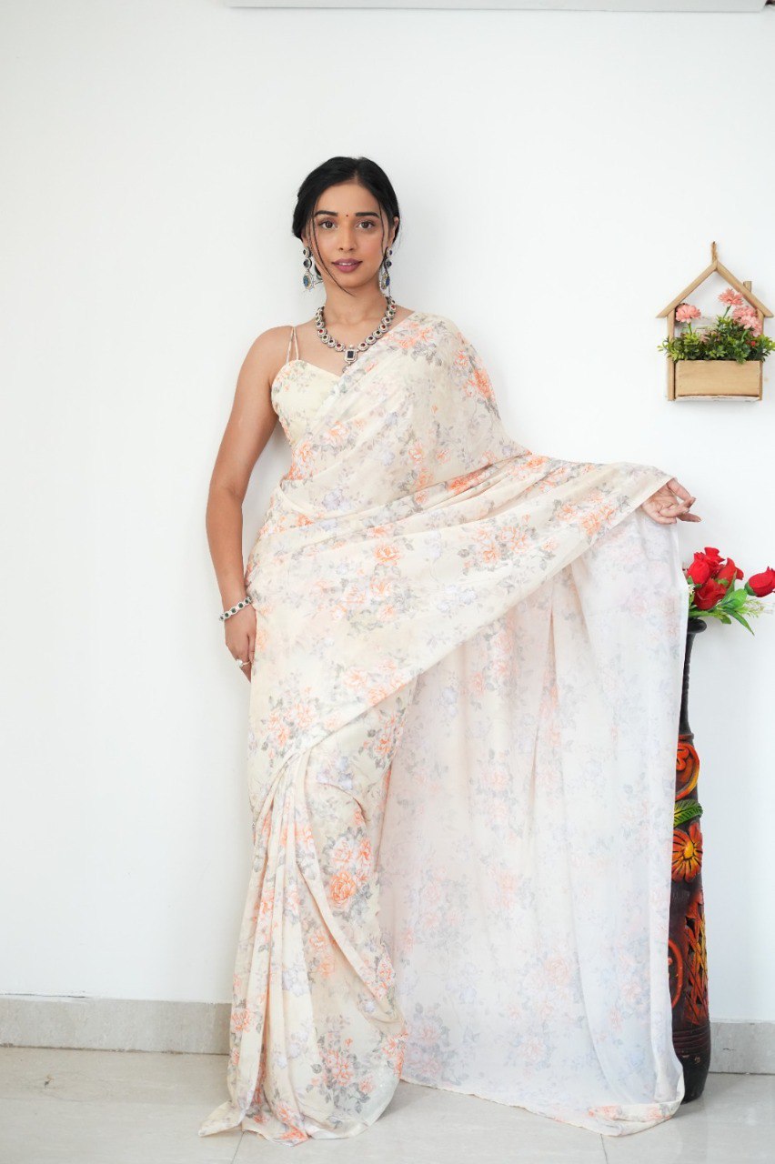 Floral Digital Print Georgette Ready-to-Wear Saree with Satin Silk Blouse