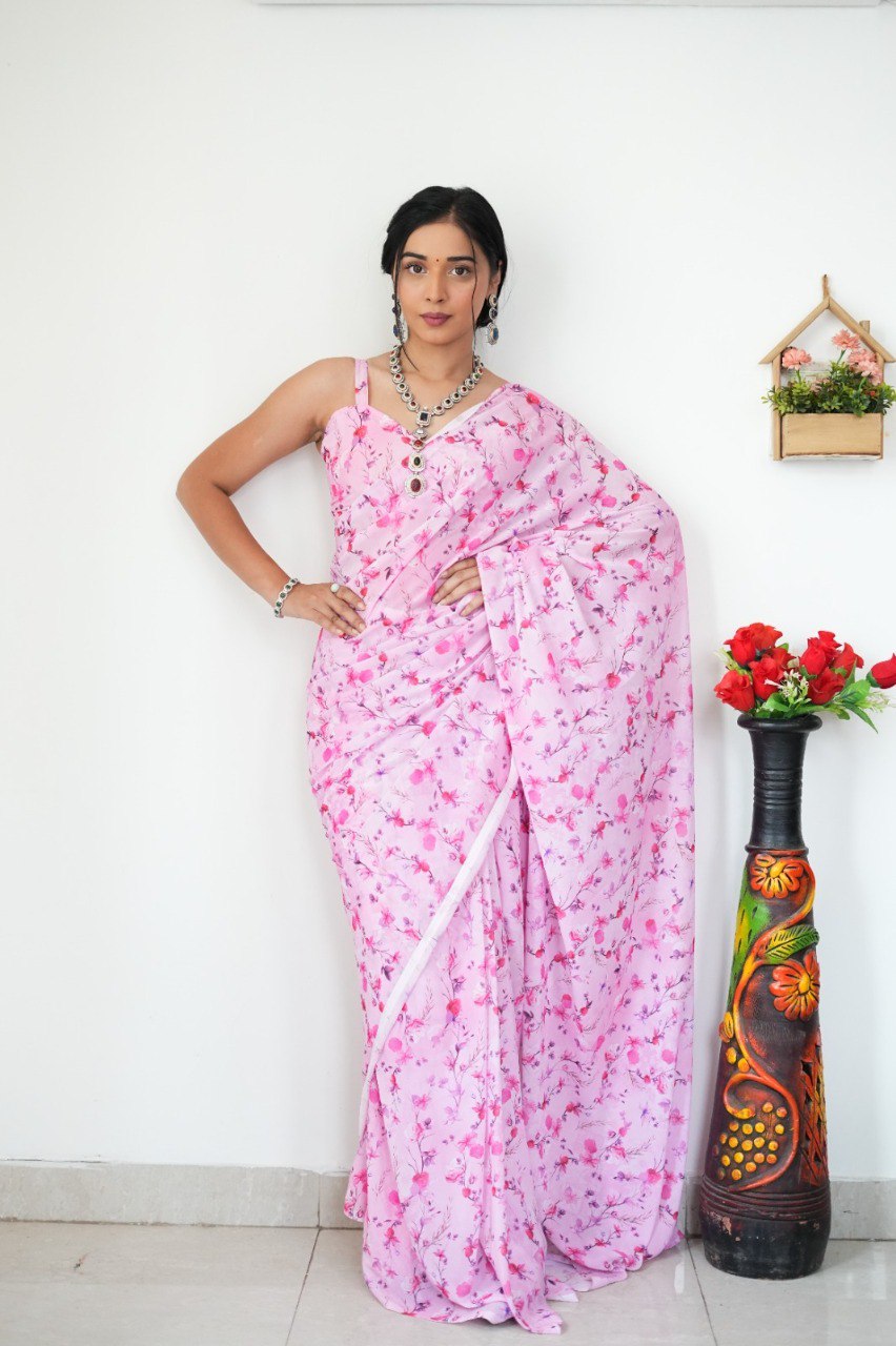 Floral Digital Print Georgette Ready-to-Wear Saree with Satin Silk Blouse