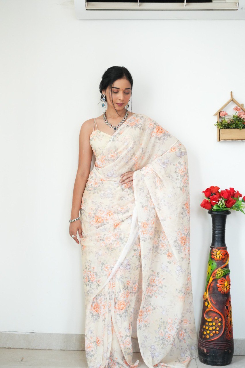 Floral Digital Print Georgette Ready-to-Wear Saree with Satin Silk Blouse