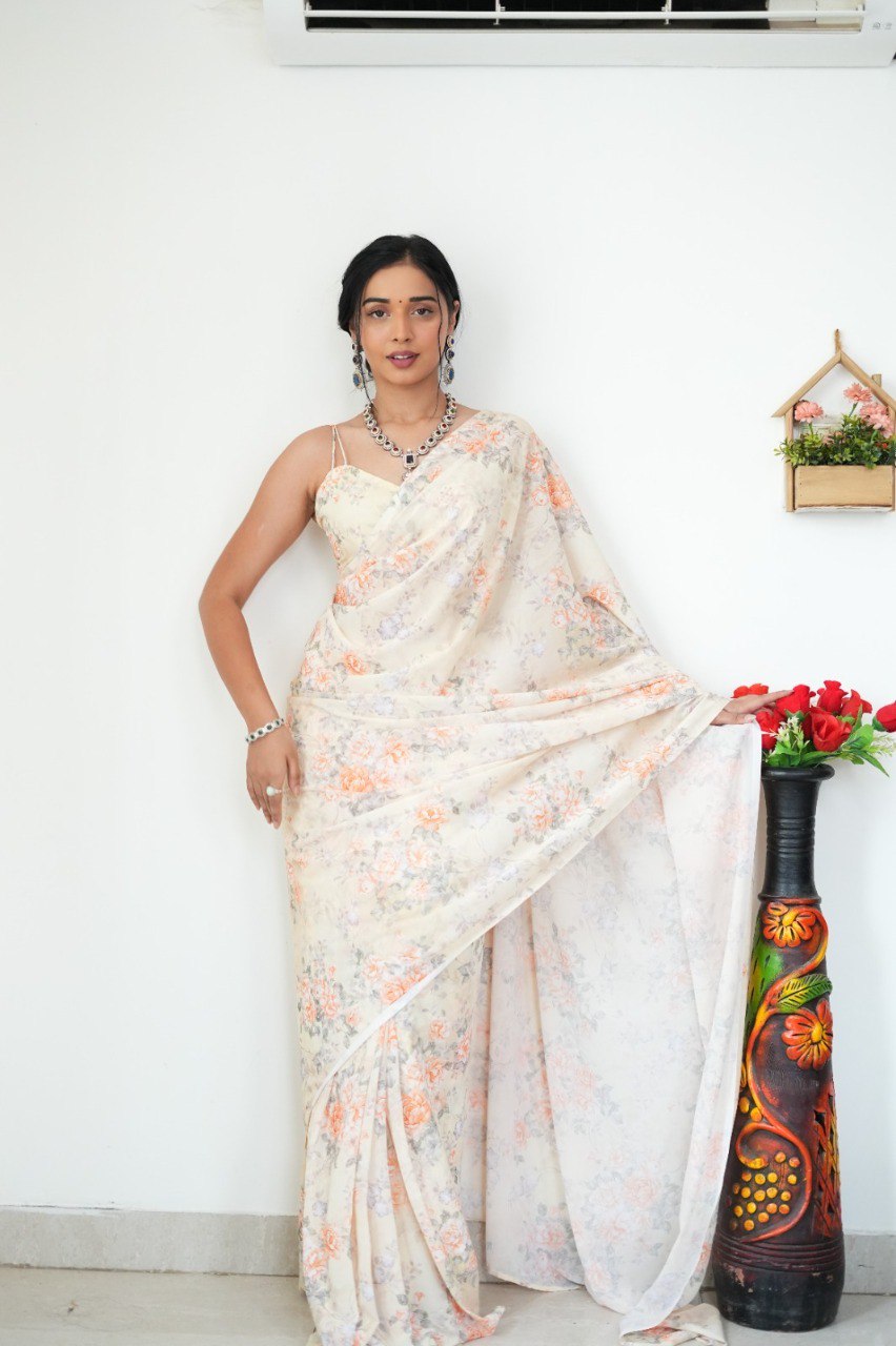 Floral Digital Print Georgette Ready-to-Wear Saree with Satin Silk Blouse