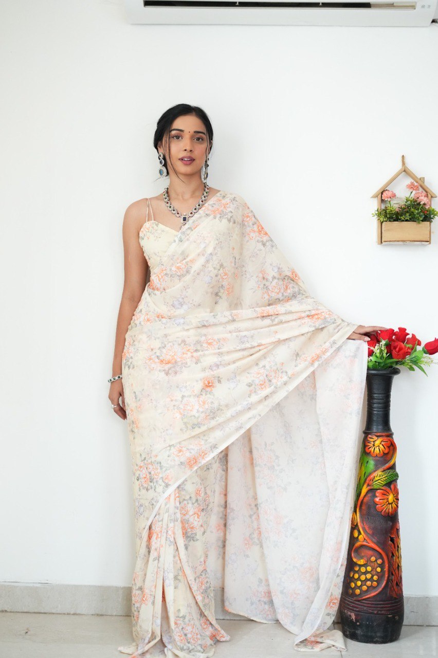 Floral Digital Print Georgette Ready-to-Wear Saree with Satin Silk Blouse