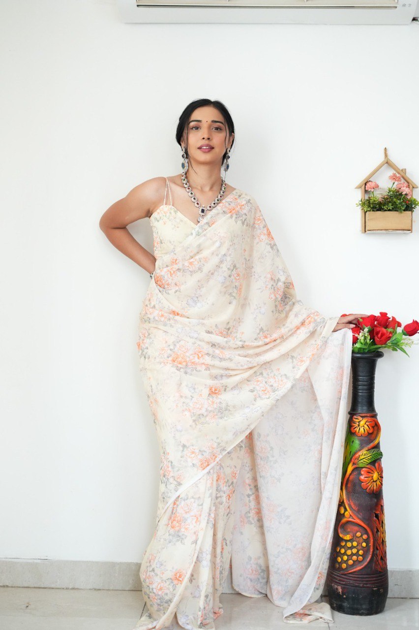 Floral Digital Print Georgette Ready-to-Wear Saree with Satin Silk Blouse