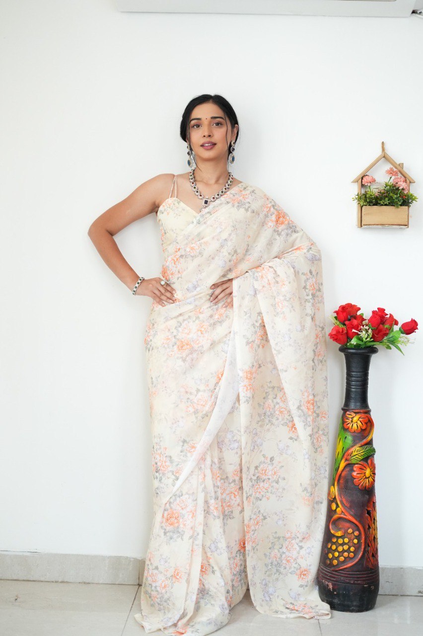 Floral Digital Print Georgette Ready-to-Wear Saree with Satin Silk Blouse