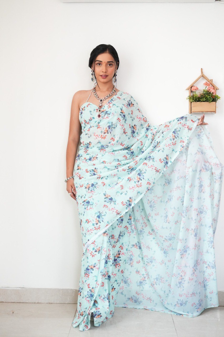 Floral Digital Print Georgette Ready-to-Wear Saree with Satin Silk Blouse
