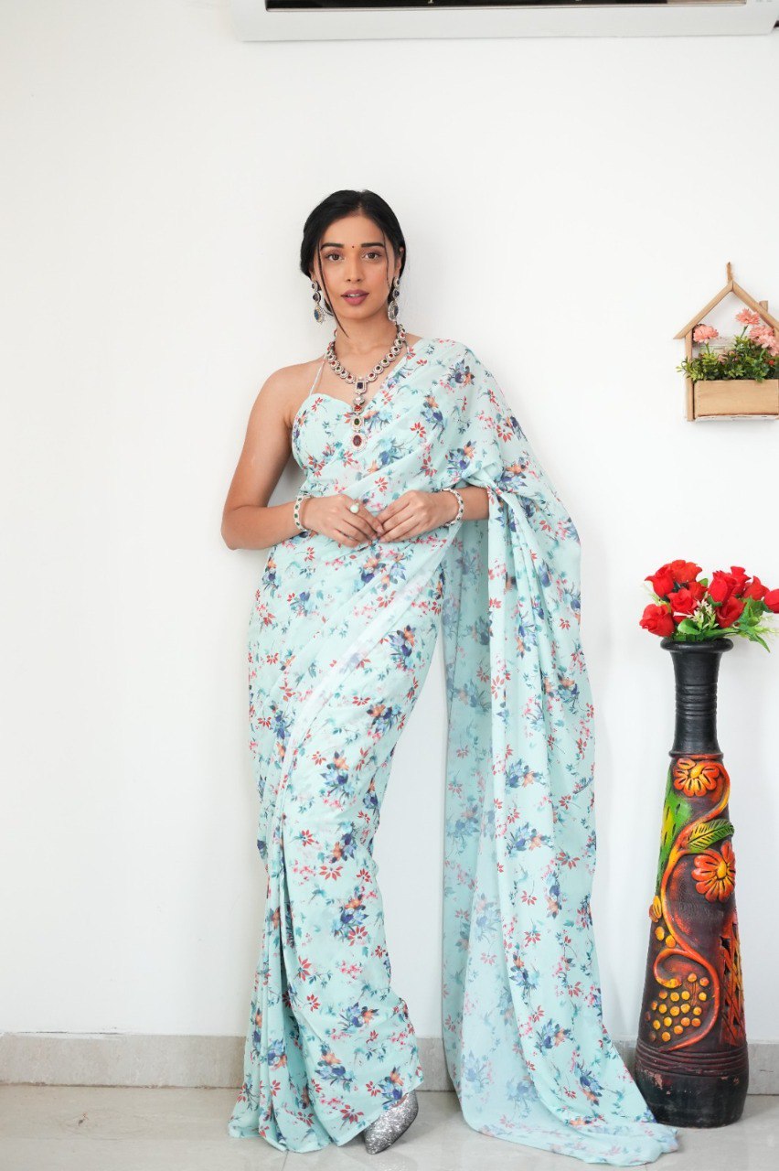 Floral Digital Print Georgette Ready-to-Wear Saree with Satin Silk Blouse