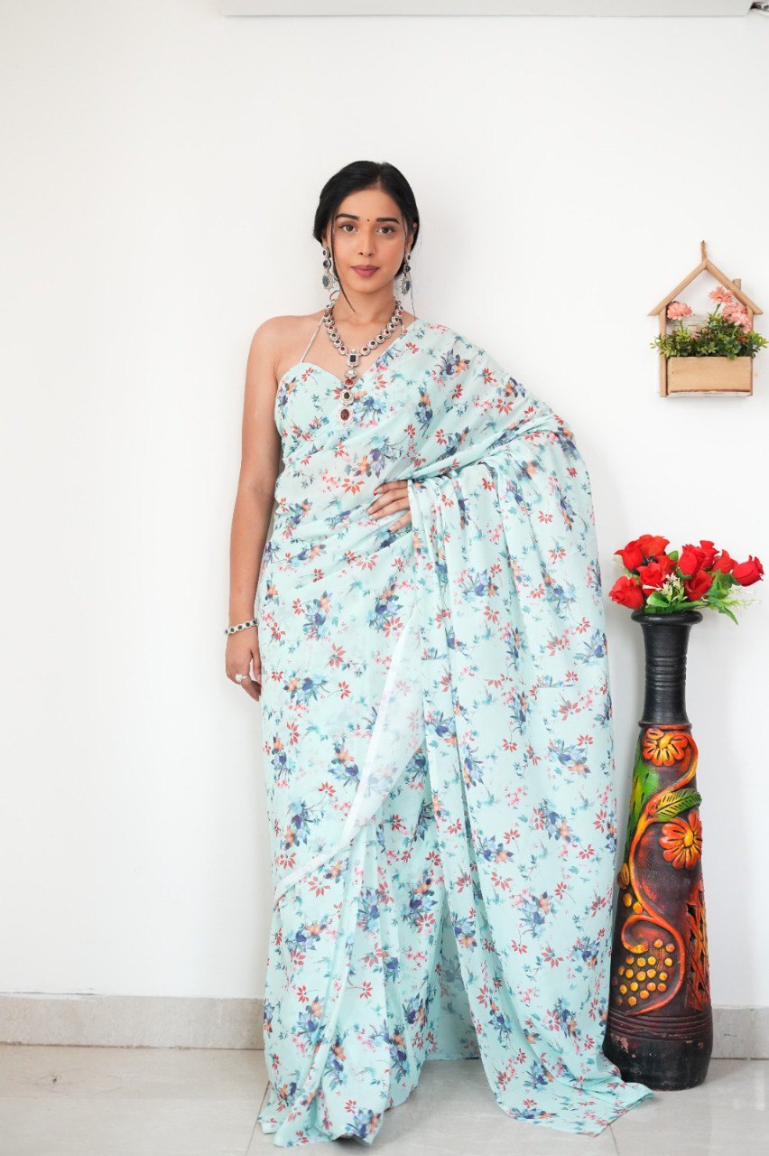 Floral Digital Print Georgette Ready-to-Wear Saree with Satin Silk Blouse