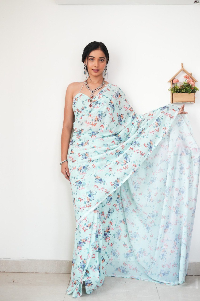 Floral Digital Print Georgette Ready-to-Wear Saree with Satin Silk Blouse