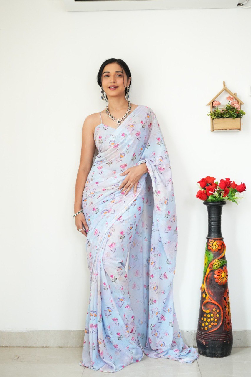 Floral Digital Print Georgette Ready-to-Wear Saree with Satin Silk Blouse